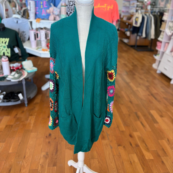 BLAKELEY Sweaters - BLAKELEY Teal Crochet Sleeve Cardigan OS